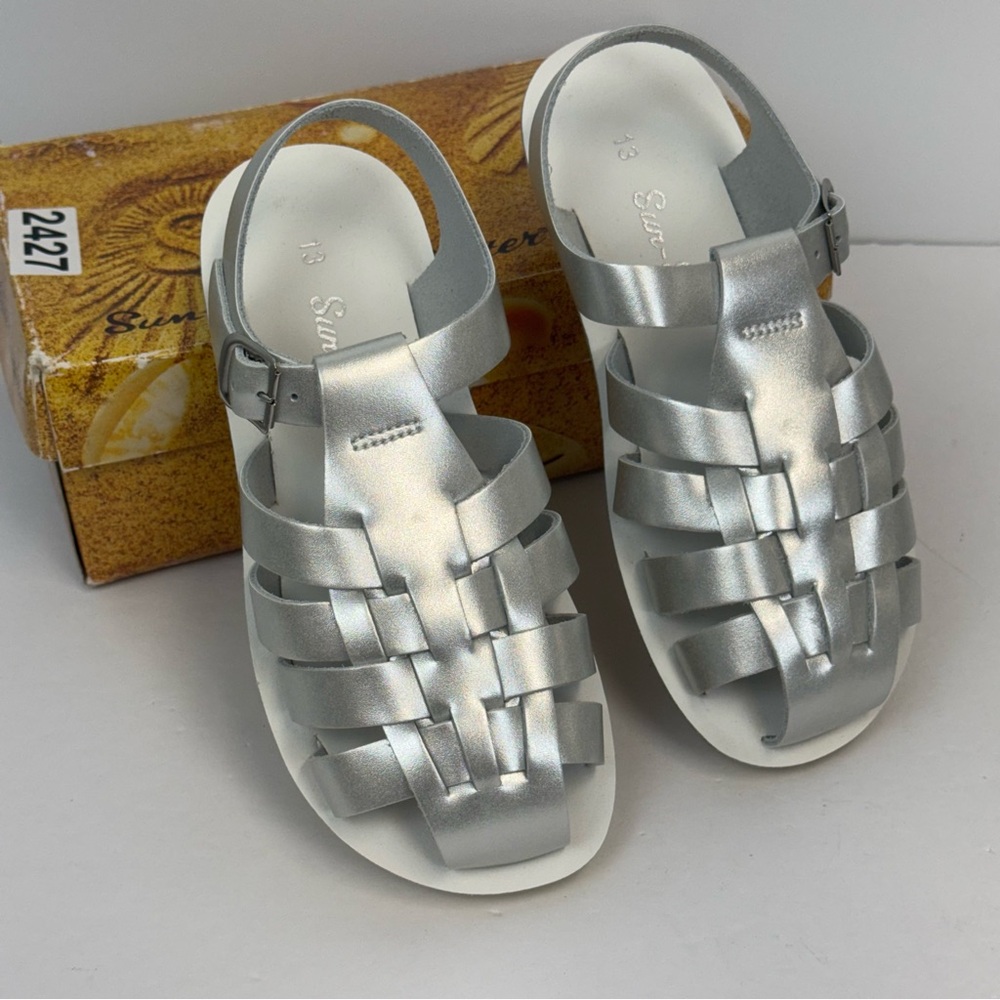 Sun-San Salt Water Silver Sailor Laced Sandals Children's Sz. 13 New‎ In Box
